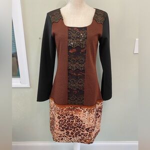 NWT SAVE THE QUEEN MEDIUM SHIFT DRESS MIXED MEDIA ORANGE BLACK SEQUINED